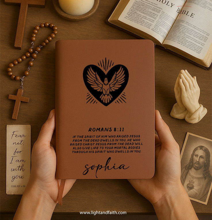 Personalized Christian Journal with "Romans 8:11", Custom Name Prayer & Faith Notebook, Religious Gift, First Communion Gifts, Birthday. NBLAF60